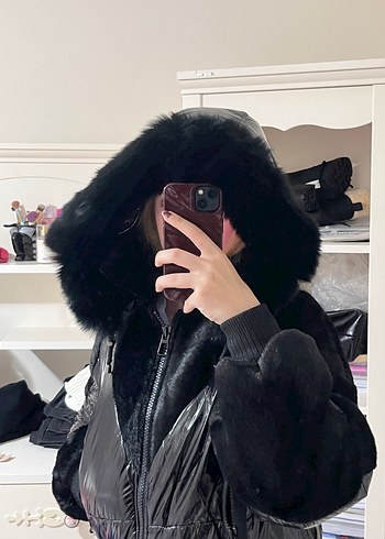 Siyah foxy viral Kürklü Kısa Kadın Kış Montu - Görsel 8