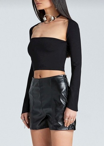 Kadın siyah Mini Straplez Uzun Kollu Bluz - Görsel 3