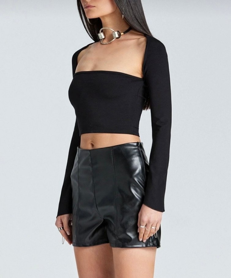 Kadın siyah Mini Straplez Uzun Kollu Bluz - Görsel 3