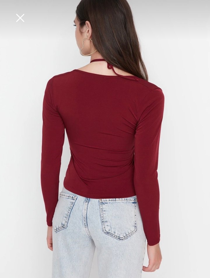 Bordo V Yaka Uzun Kollu Kadın Bluz - Görsel 3