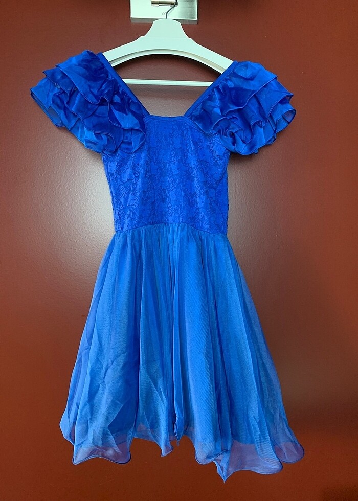 Saks mavisi dantelli tül elbise beli için saten kuşağı ile birli - Görsel 2