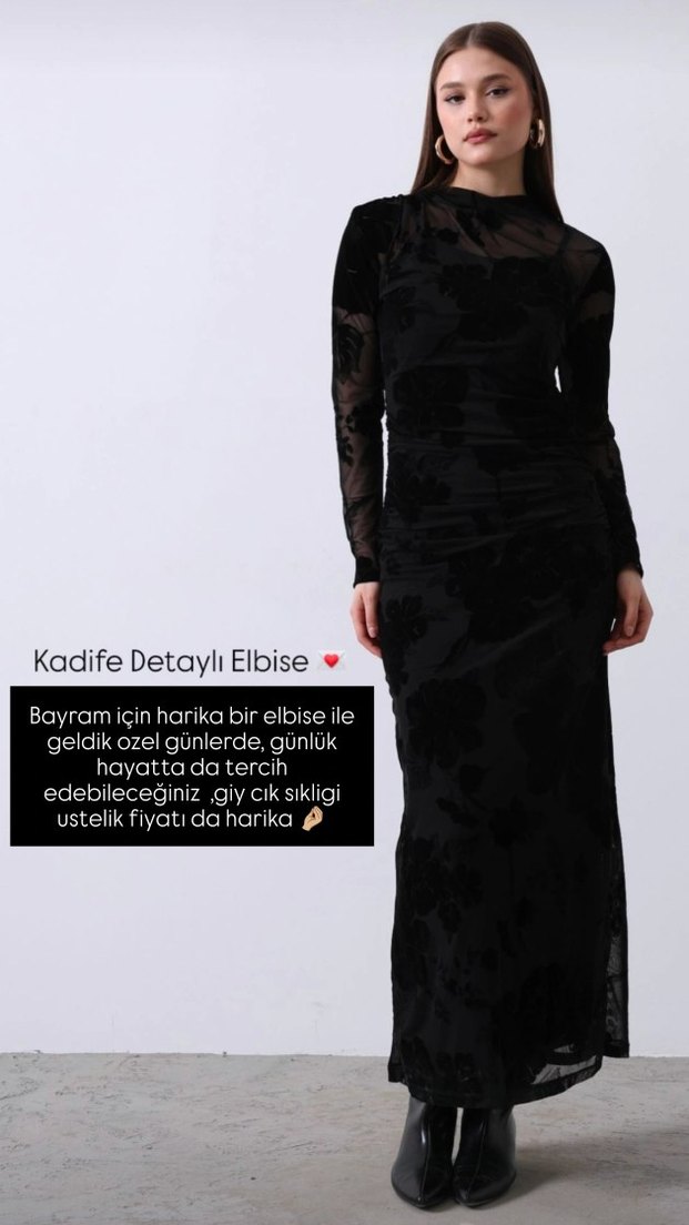 Dantel Detaylı Siyah Uzun elbise - Görsel 2