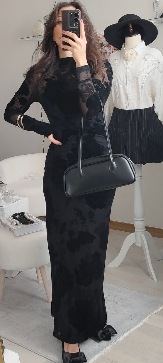 Dantel Detaylı Siyah Uzun elbise - Görsel 3