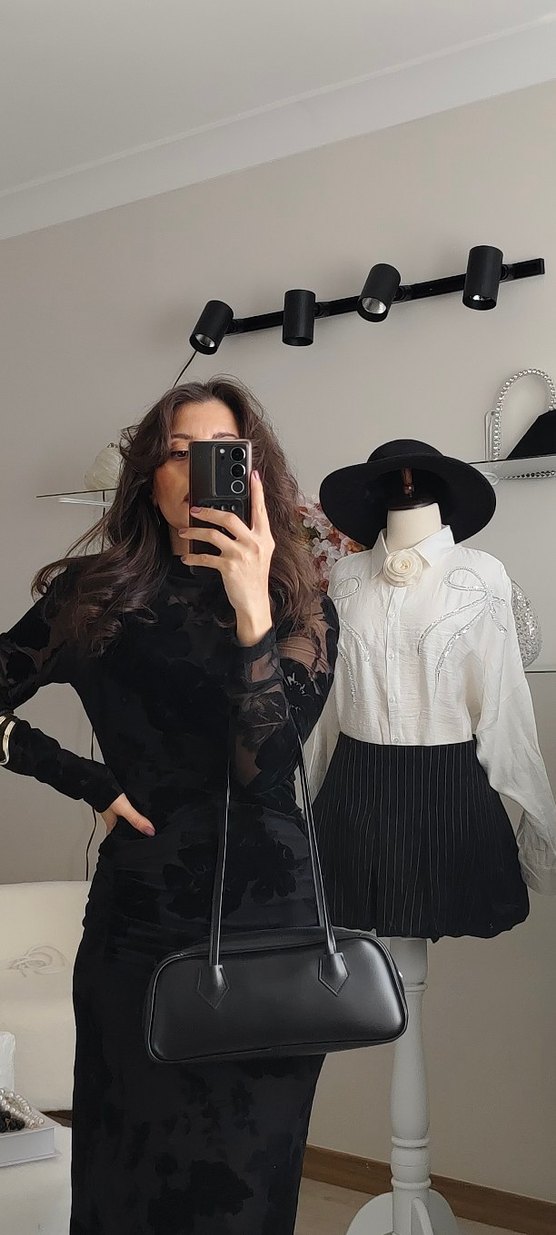 Dantel Detaylı Siyah Uzun elbise - Görsel 5