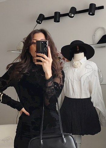 Dantel TÜL Detaylı Siyah Uzun Elbise - Görsel 5