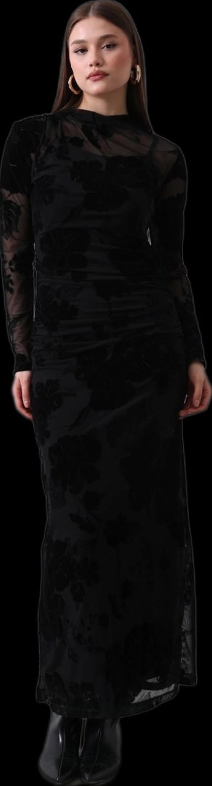 Dantel TÜL Detaylı Siyah Uzun Elbise - Görsel 2