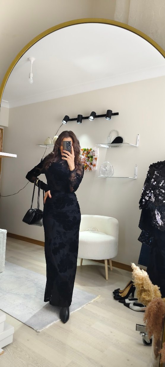 Dantel TÜL Detaylı Siyah Uzun Elbise - Görsel 3