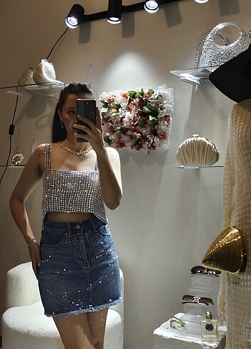 Taşlı kot etek - Görsel 5