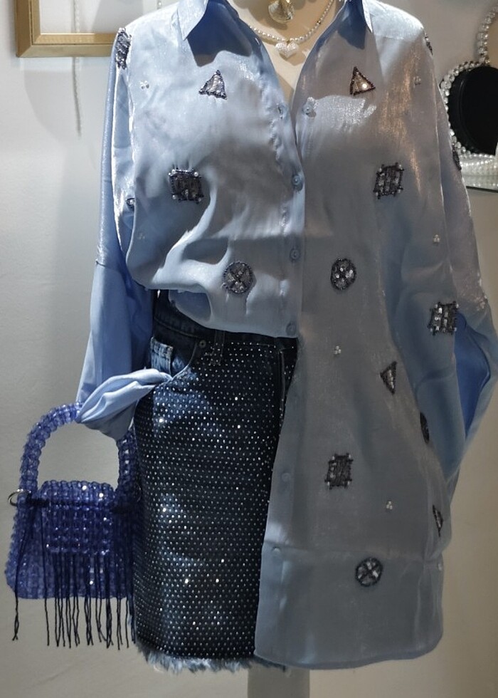 Taşlı kot etek - Görsel 3