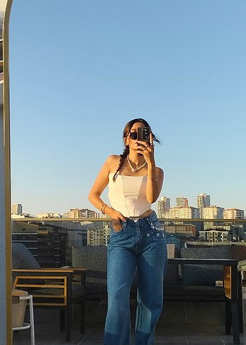 İnci ve taş cep detaylı Jean pantolon - Görsel 7