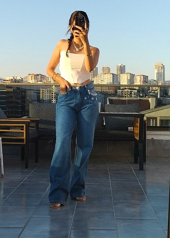 İnci ve taş cep detaylı Jean pantolon - Görsel 8