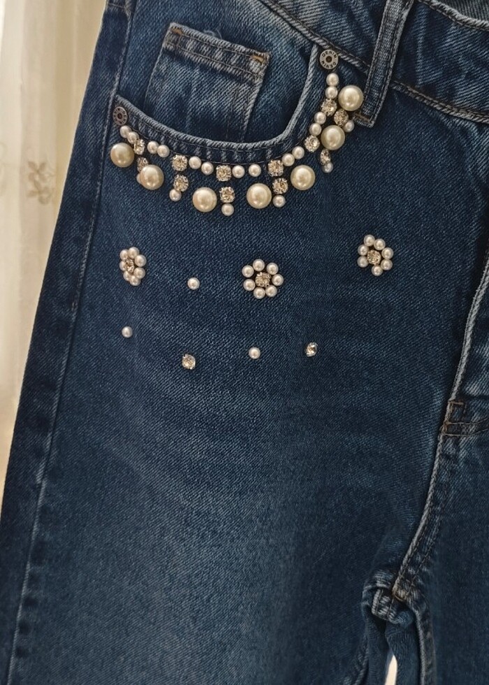 İnci ve taş cep detaylı Jean pantolon - Görsel 2