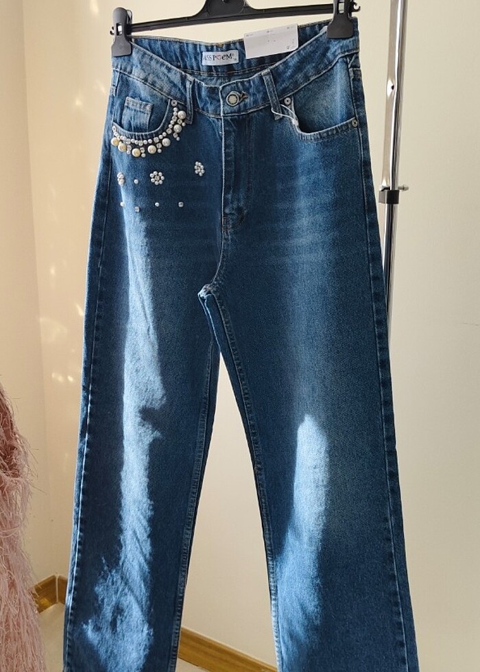 İnci ve taş cep detaylı Jean pantolon - Görsel 3