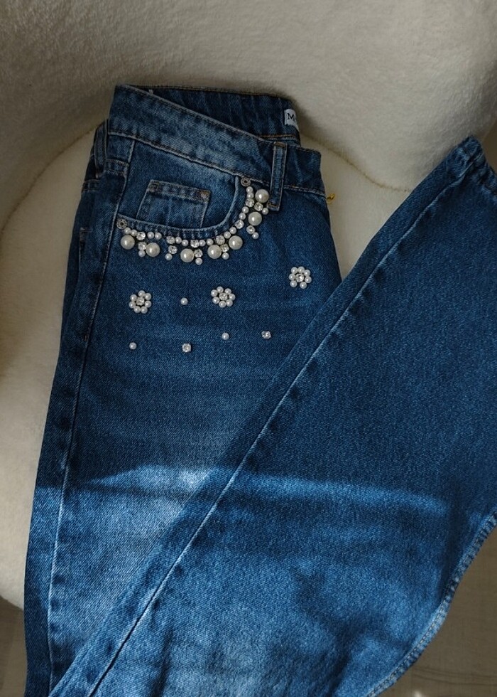 İnci ve taş cep detaylı Jean pantolon - Görsel 4