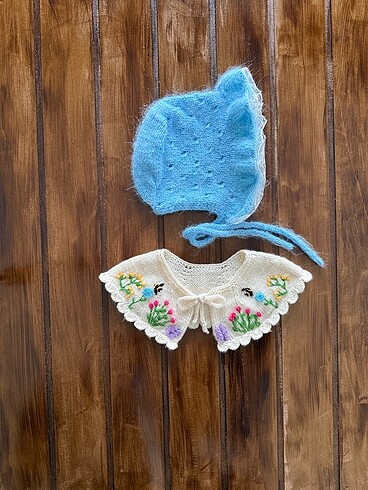 1-2 Yaş, 19 cm Beden Bebek bonet ve işlemeli yakalık