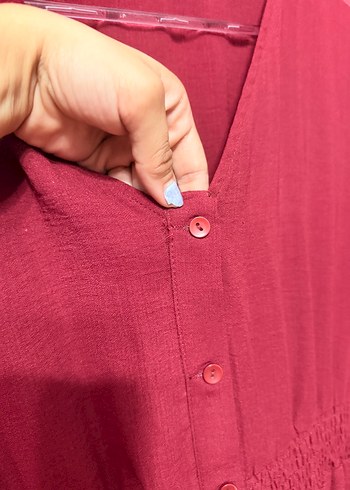 40 Beden Bordo V Yaka Midi Keten Elbise