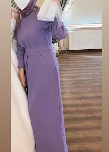 Uzun Mor Tesettür Abiye Elbise
