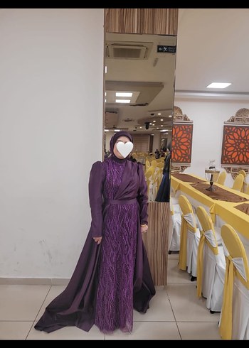 Abiye Uzun, Mor, Etnik Desenli, Yüksek Yakalı Kadın Abiye Elbise