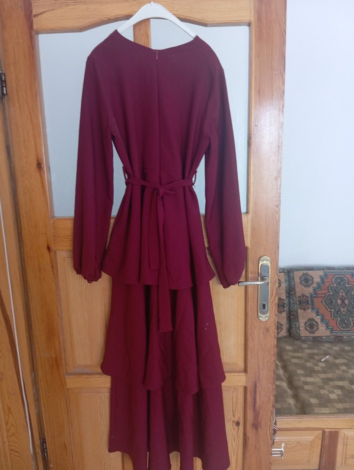 Bordo Uzun Kollu Drapeli Kadın Elbise - Görsel 2