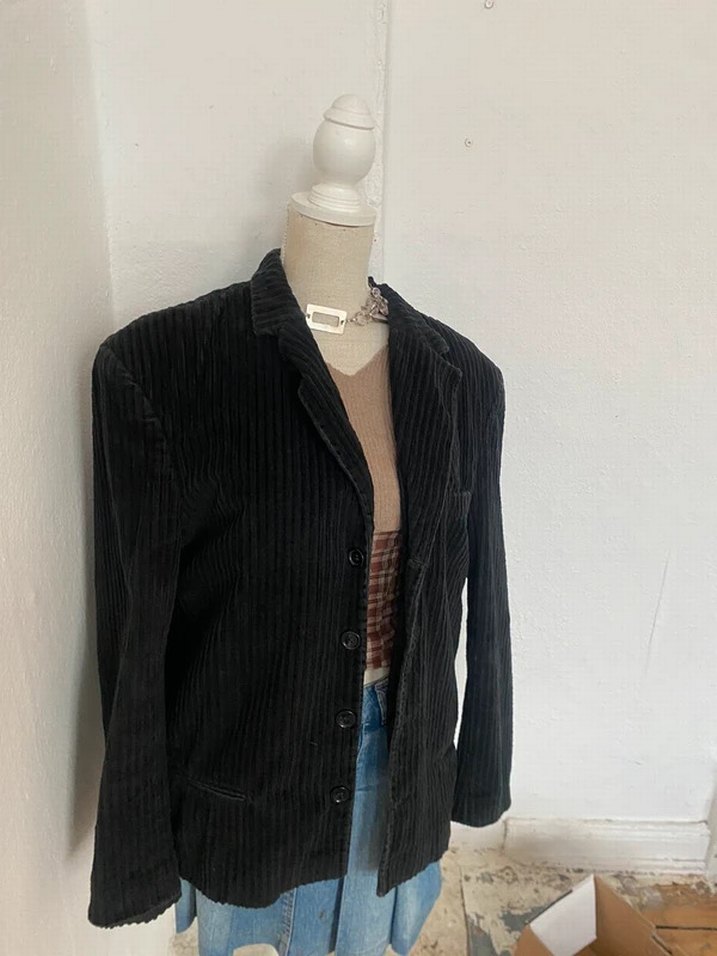 Siyah Kadın Süet Kadife Düğmeli Blazer Ceket - Görsel 2