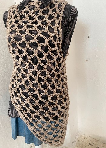 Bej Örgü Bohem Uzun Kadın Üst - Görsel 5