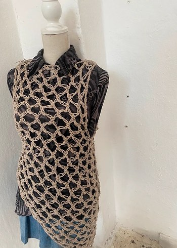 Bej Örgü Bohem Uzun Kadın Üst - Görsel 4