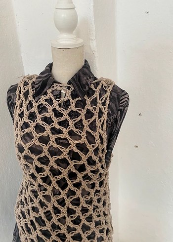 Bej Örgü Bohem Uzun Kadın Üst - Görsel 7