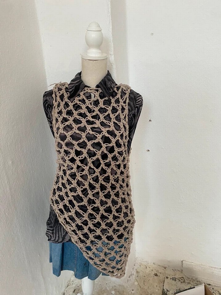 Bej Örgü Bohem Uzun Kadın Üst - Görsel 2