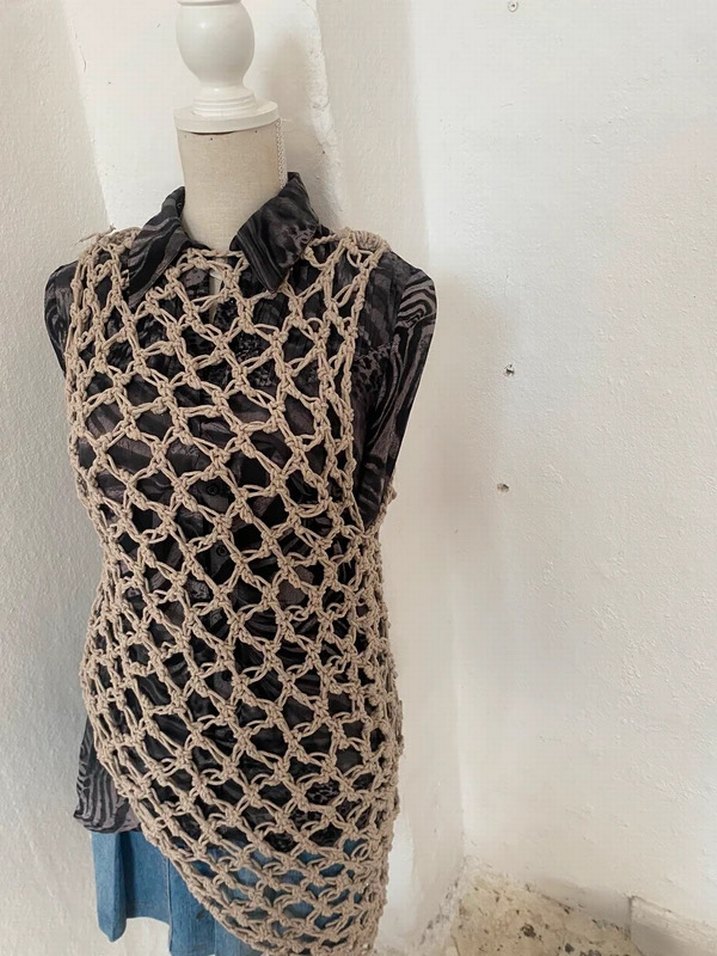 Bej Örgü Bohem Uzun Kadın Üst - Görsel 4