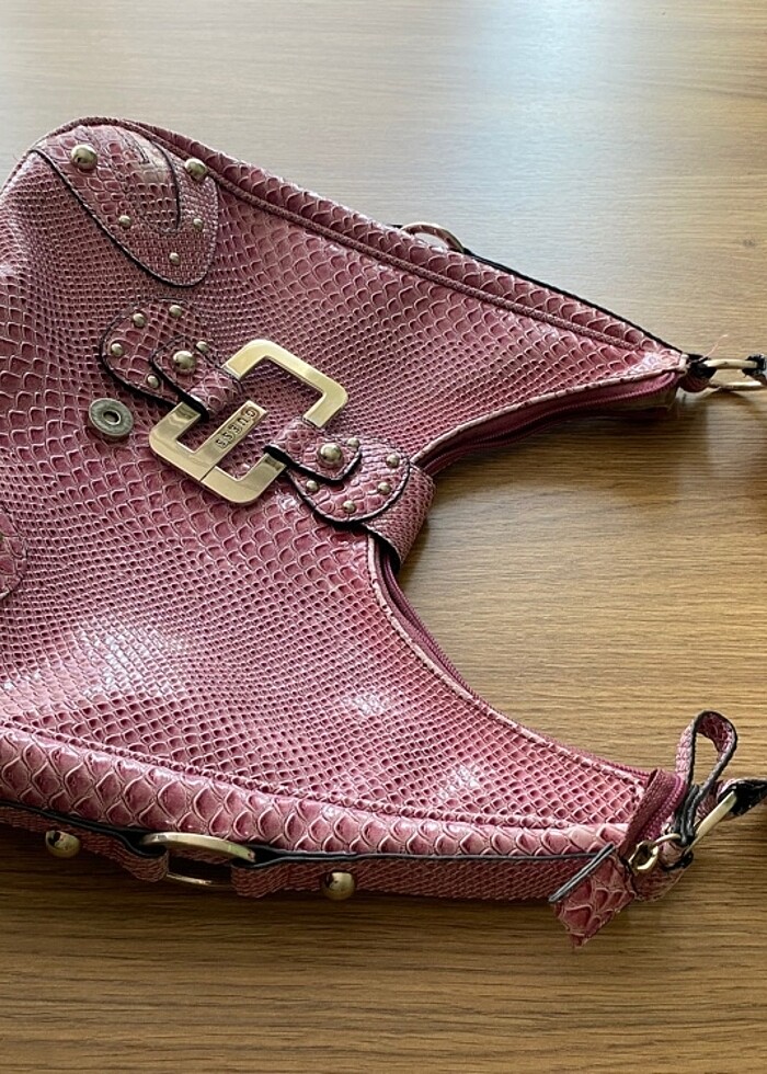 Orijinal vintage GUESS pembe deri kol çantası - Görsel 4