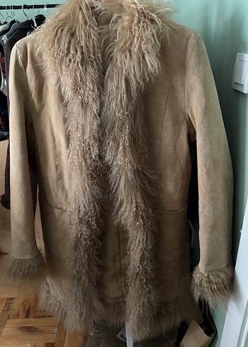 Bej Süet Kürklü Midi Kadın Kaban Afgan mont - Görsel 6
