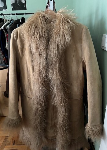 Bej Süet Kürklü Midi Kadın Kaban Afgan mont - Görsel 5