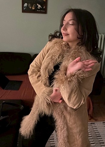 Bej Süet Kürklü Midi Kadın Kaban Afgan mont - Görsel 7