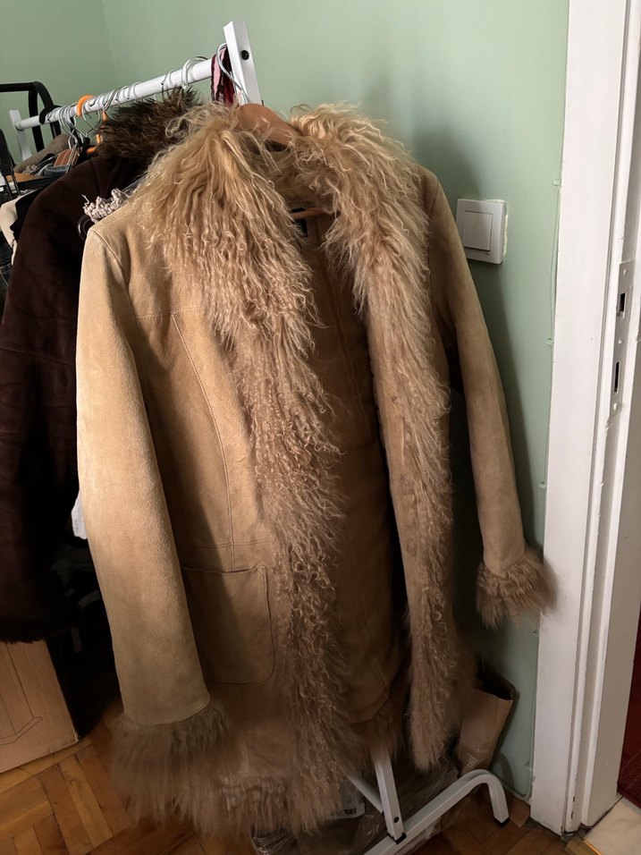 Bej Süet Kürklü Midi Kadın Kaban Afgan mont - Görsel 3