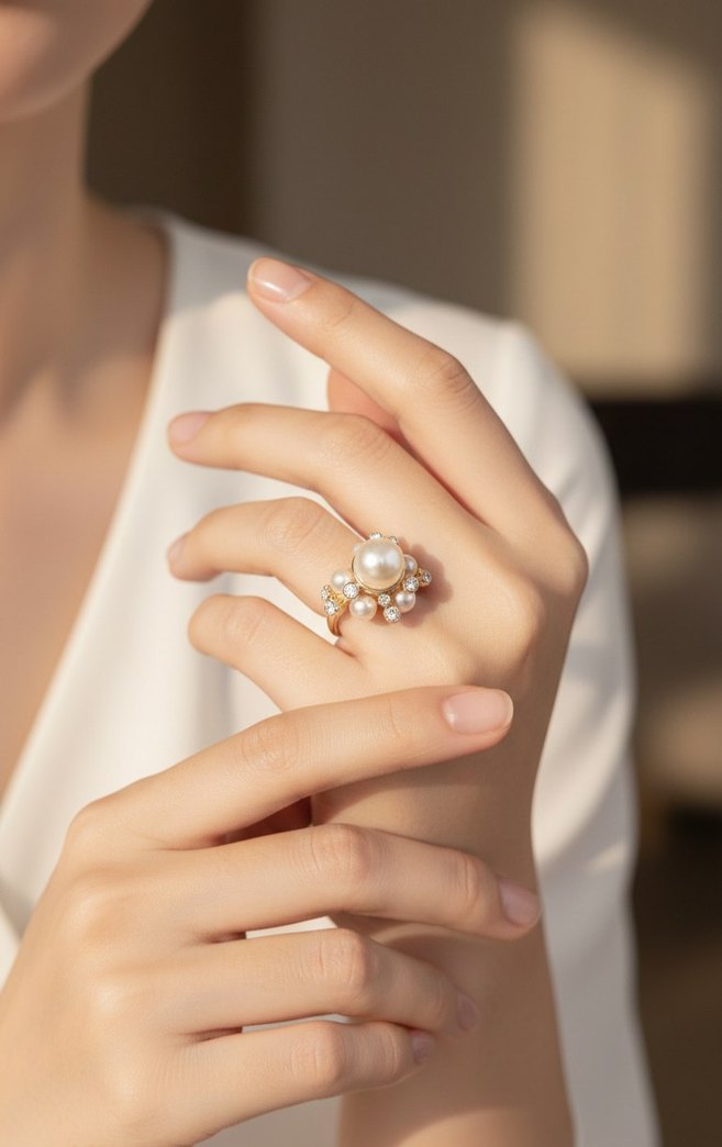 İnci ve Taş Detaylı Kadın Yüzük - Görsel 3