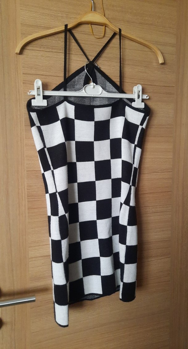 Siyah Beyaz Kareli triko elbise - Görsel 2