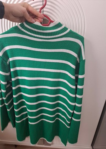 Yeşil Çizgili Uzun Kollu Boğazlı Triko Kazak - Görsel 5