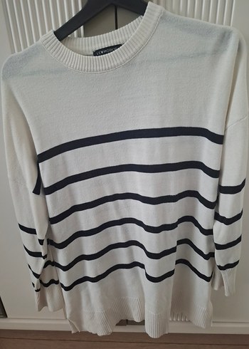 Kadın Beyaz Çizgili Pamuklu Triko Kazak - Görsel 4