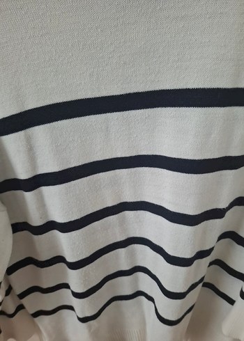 Kadın Beyaz Çizgili Pamuklu Triko Kazak - Görsel 2