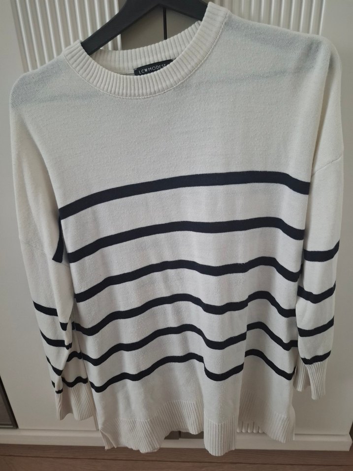 Kadın Beyaz Çizgili Pamuklu Triko Kazak - Görsel 4