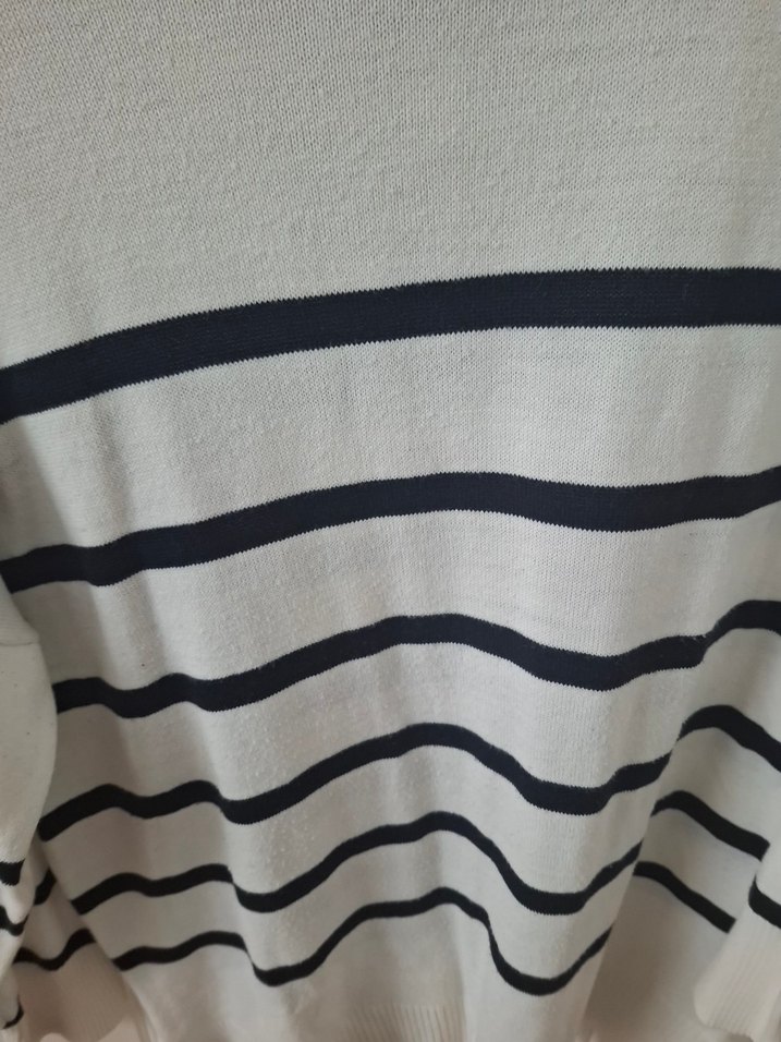 Kadın Beyaz Çizgili Pamuklu Triko Kazak - Görsel 2