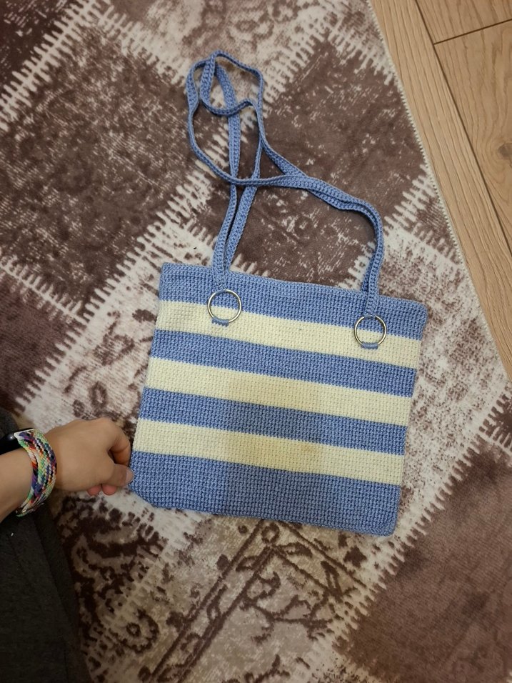 Mavi Örgü Bohem Kadın Çanta - Görsel 2
