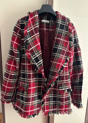 Düğmeli Ekose Desenli Bordo Kadın Blazer - Görsel 2