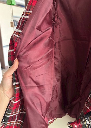 Düğmeli Ekose Desenli Bordo Kadın Blazer - Görsel 3