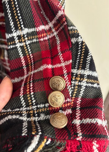 Düğmeli Ekose Desenli Bordo Kadın Blazer - Görsel 5