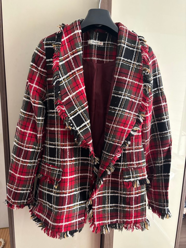 Düğmeli Ekose Desenli Bordo Kadın Blazer - Görsel 2