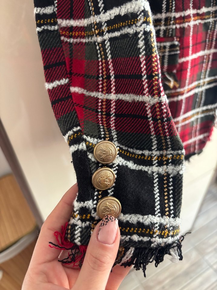 Düğmeli Ekose Desenli Bordo Kadın Blazer - Görsel 4