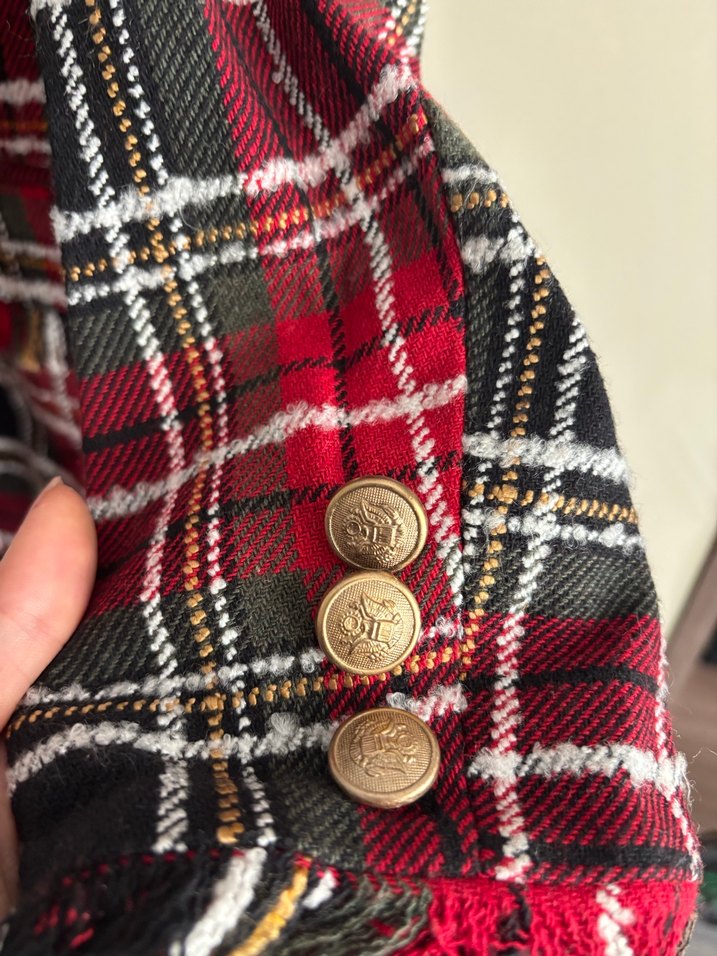 Düğmeli Ekose Desenli Bordo Kadın Blazer - Görsel 5