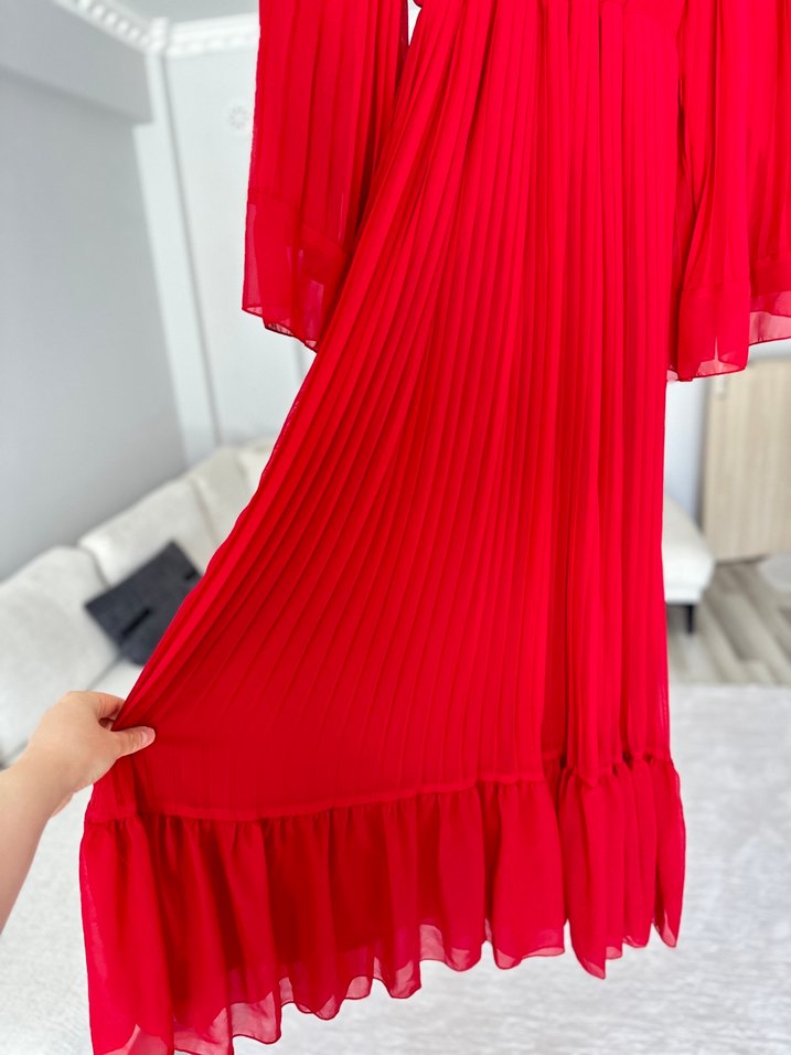 Kırmızı Pilili Uzun Kadın Elbise - Görsel 5