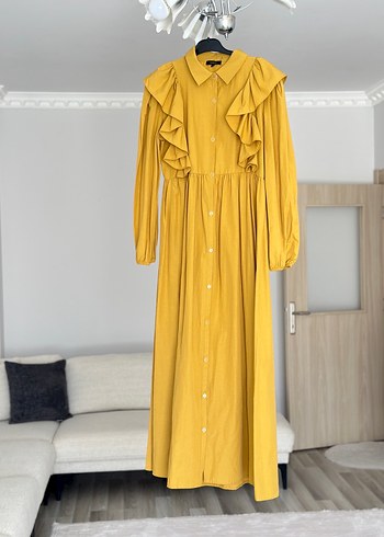 Sarı Fırfırlı Uzun Keten Elbise Manuka Hoopstore - Görsel 2